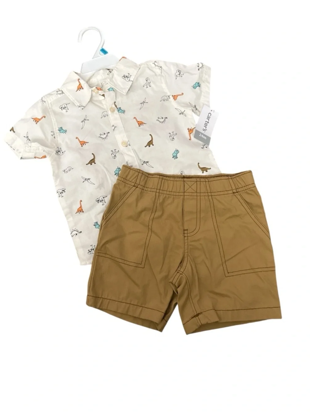 Carter's White Dino Print Button-Down Shirt with Tan Shorts Nwt  24 Months